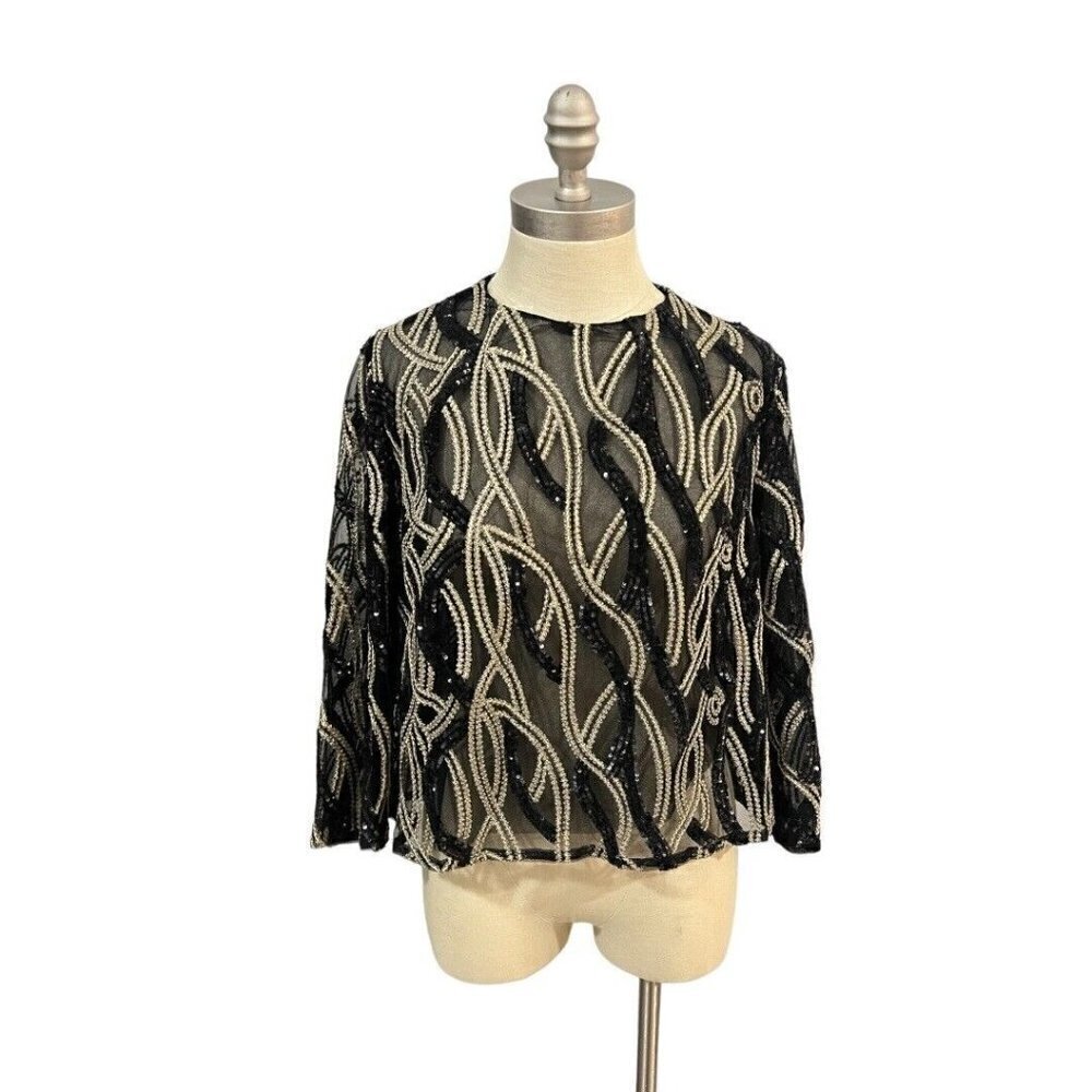 C&M Collection 48 Medium Black Gold Sequin Jacket Formal Holiday - Picture 2 of 8